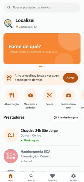 Tela inicial do app Localizei com as categorias e a lista de comércios e serviços